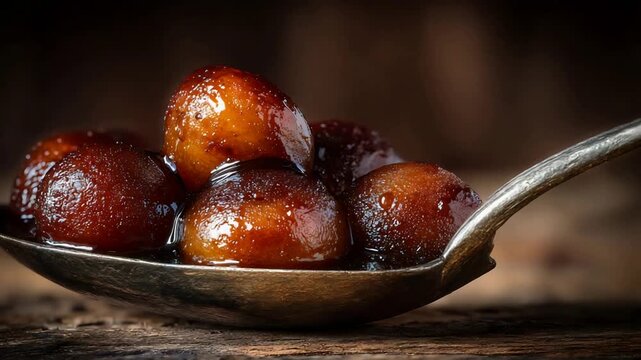 Close up of delicious traditional Indian Gulab Jamun dessert in shiny syrup on spoon.
