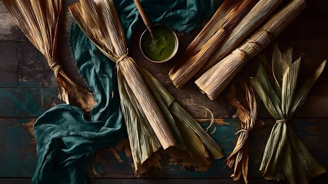 Earthy overhead view of tied dried corn husks and vibrant green sauce on a rustic wooden table.