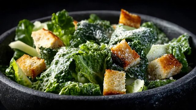 Appetizing Caesar Salad with Crisp Greens and Golden Croutons in a Rustic Stone Bowl.