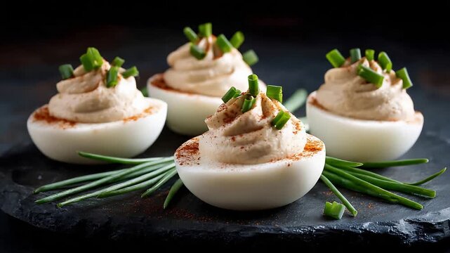 Delicious Deviled Eggs Appetizer Garnished with Fresh Chives and Paprika on Dark Stone.