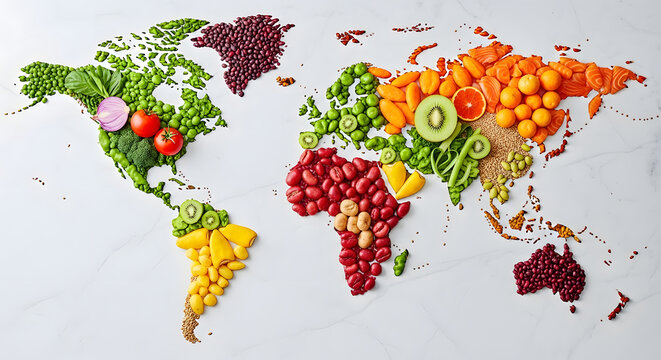 A colorful world map is creatively crafted from an assortment of fresh fruits, vibrant vegetables, and various healthy grains.