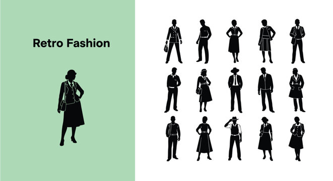Collection of black and white silhouette icons illustrating various men and women dressed in distinct retro fashion styles