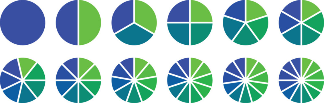 Circle pie chart. 2,3,4,5,6,7,8,9,10,11,12 sections or steps.