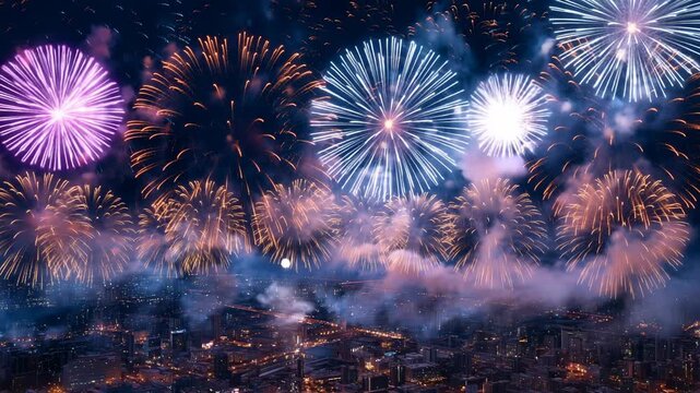 Bright colorful fireworks explode above a glowing city skyline at night during a festive holiday celebration