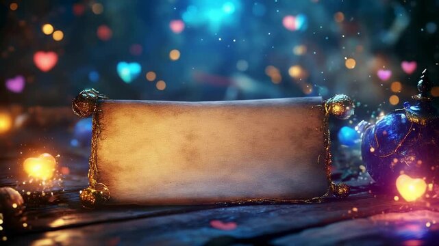 Magic glowing scroll on wooden table surrounded by festive heart lights and fantasy potion bottles