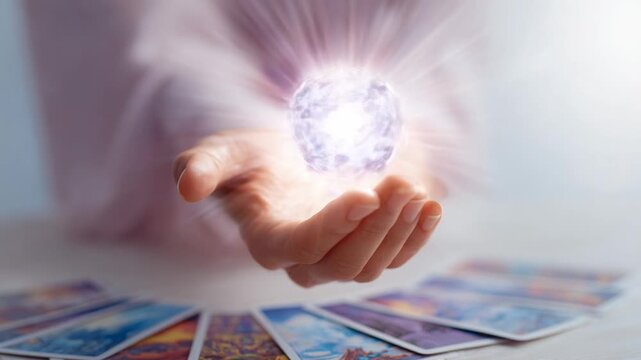 Open hand holding glowing crystal sphere above spread tarot cards symbolizing intuition magic and future insight