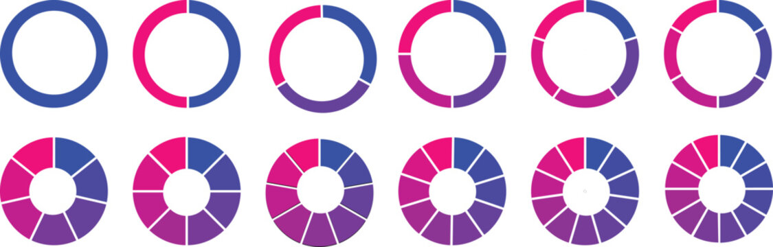 Pie chart color icons. Segment slice sign. Circle section graph. 