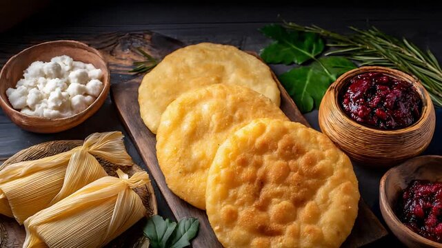 Delicious Golden Fried Flatbreads and Wrapped Tamales Served with Cheese and Berry Jam.