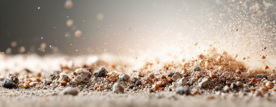 Explosive Earth: A close-up shot of an explosion of soil particles, with the ground texture in sharp focus