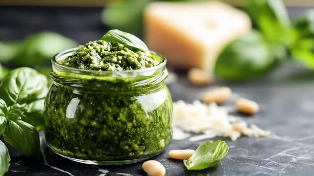 Fresh Homemade Pesto Sauce in Glass Jar with Basil, Pine Nuts, and Parmesan Cheese.