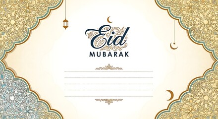 Elegant eid mubarak card with intricate golden design and crescent moon accents
