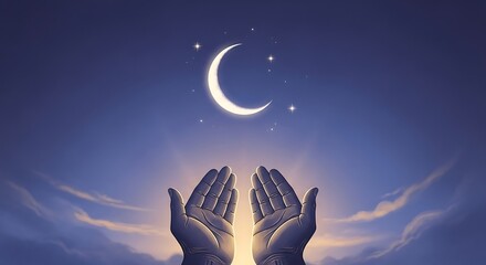 Hands raised under a crescent moon with celestial light