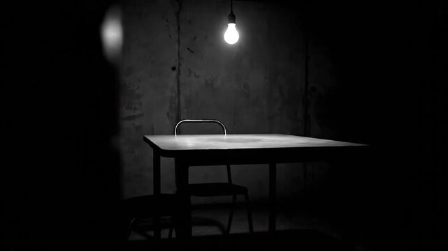 interrogation room, dark, table, chair, light bulb, mystery