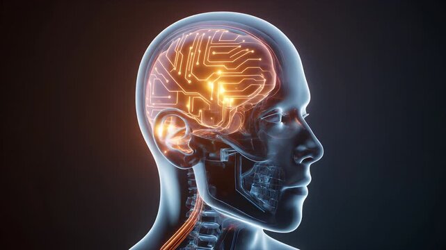 Glowing human head with illuminated brain circuits, futuristic science mood expressing intelligence, innovation, and technology for AI, medical, and tech-driven visual storytelling