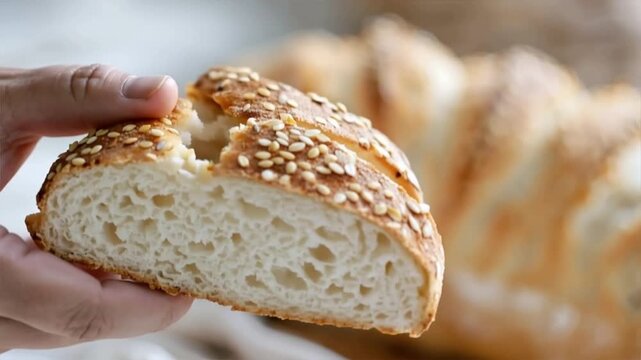 A close-up of a hand breaking a fresh loaf of sesame bread, showcasing its soft texture and golden crust.