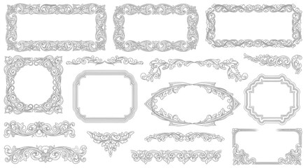Collection of ornate vintage decorative frames and borders in a detailed, intricate, and elegant style, presented in monochrome. © gita