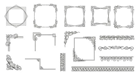A collection of ornate vintage decorative borders and corner elements in a black and white line art style.