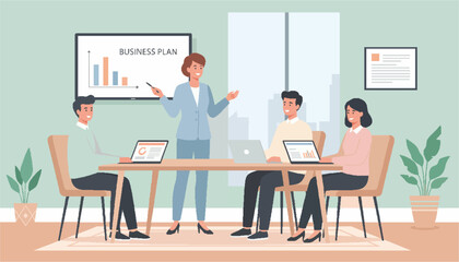 Business Team Meeting in Modern Office Vector Illustration