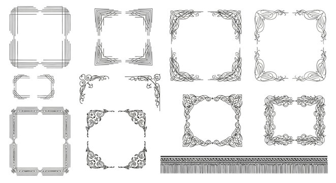 Collection of ornate vintage decorative frames and borders in black and white, suitable for graphic design and invitations.