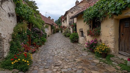 Fototapeta premium Narrow Cobblestone Alley Framed By Colorful Blooming Vines In A Quaint European Village