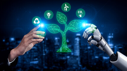 Obraz premium Human Hand and Robot Hand Interacting with Eco-Friendly Symbols Representing Sustainability and Renewable Energy in a Futuristic Cityscape Quark.