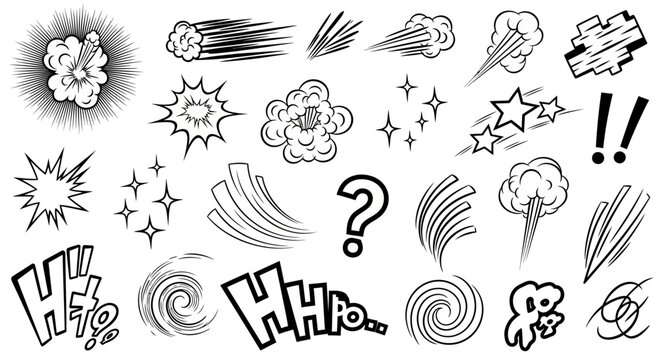 Collection of comic book sound effects and motion lines, including explosions, speed lines, stars, and question marks.