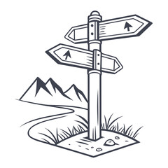A black and white illustration of a signpost with multiple directional arrows pointing to different locations. Vector © rabbi