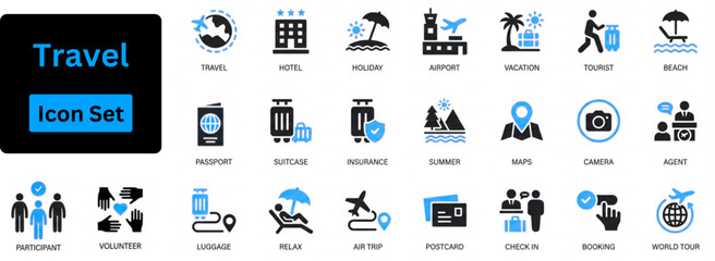 Travel icon set. Tour and travel icon set. Travel and tour icons set. Tourism vector icon. Solid icon set. 