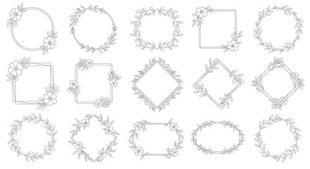 Obraz premium A collection of delicate floral and leaf borders and frames in various shapes including circles, squares, and ovals, perfect for invitations and design projects.
