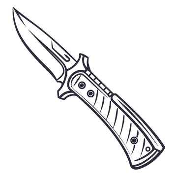 A detailed illustration of a switchblade knife with a serrated edge and a textured handle. Vector