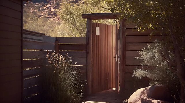 Rustic wooden gate invitingly open to a serene natural landscape with distant mountains.