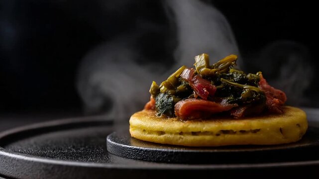 Delicious Steaming Savory Pancake Topped with Fresh Green Vegetables and Crispy Bacon.