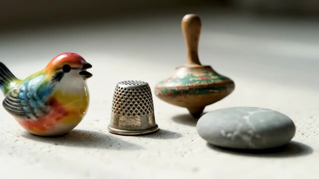 A close-up view of a ceramic bird, metal thimble, wooden spinning top, and smooth pebble arranged together.