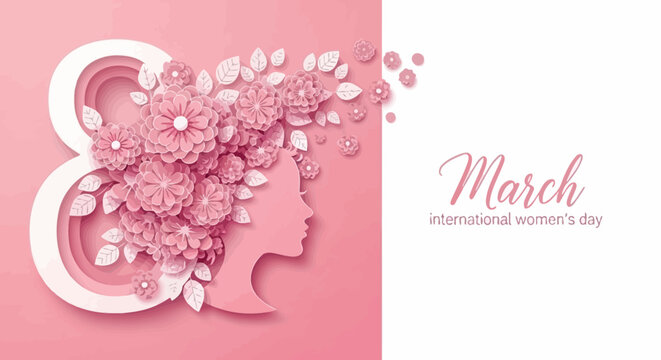Elegant illustration of the number 8 intertwined with a woman's silhouette adorned with delicate pink flowers and leaves, celebrating International Women's Day on March 8th.