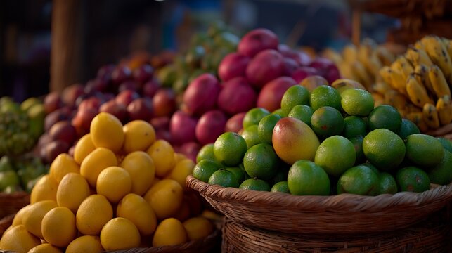 A bustling marketplace filled with vibrant fruits and vegetables that spark a sense of hunger, showcasing the variety of fresh produce available. cinematic color correction, natural uneven lighting