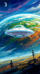 Obraz premium Vibrant illustration of a UFO over an alien planet with silhouettes. Great for book covers, posters, and gaming content.