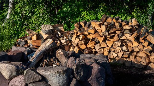 Rustic pile of cut firewood logs for a cozy campfire or winter warmth outdoors.