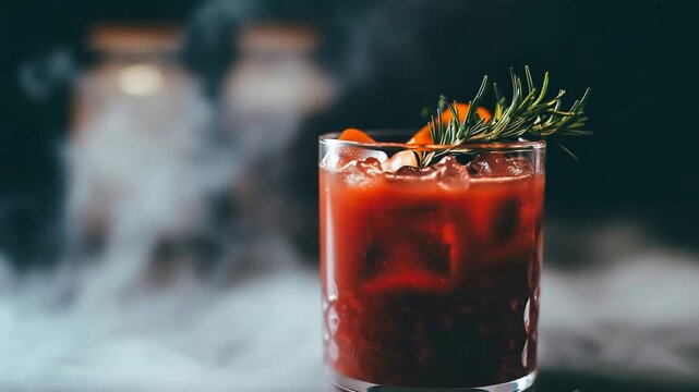 Elegant ruby red cocktail with ice, fresh rosemary, and citrus peel in atmospheric smoke.