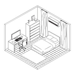 Isometric bedroom interior with bed, desk, chair and air conditioner