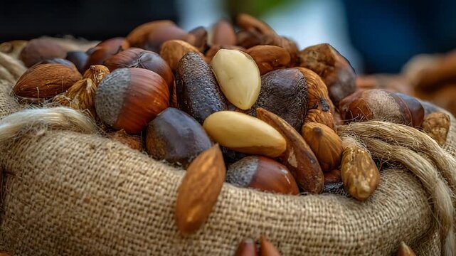 Assortment of fresh organic nuts in their shells and shelled resting on burlap.