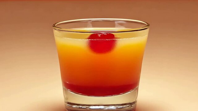 Colorful layered shooter drink with a red maraschino cherry garnish on warm background.