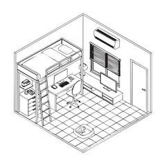 Isometric small bedroom interior with bunk bed and study desk with computer equipment