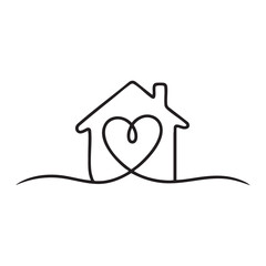 Minimalist black line of a house with a heart inside on a wavy ground love home
