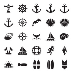 Set of black and white nautical and beach including anchors, shells, and surfboards