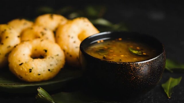 Delicious Golden Medu Vada and Savory Sambhar, a Traditional South Indian Breakfast.