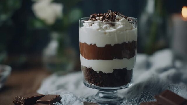 Close Up of Decadent Layered Chocolate Dessert with Whipped Cream and Shavings.