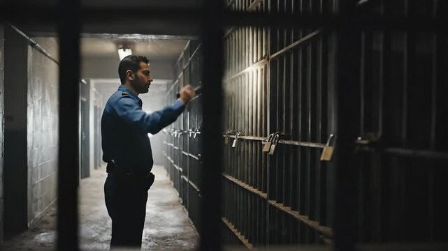 Prison guard with flashlight patrols dark jail corridor with locked cells