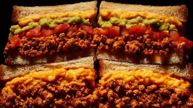 Close Up of Delicious Sloppy Joe Sandwich Layers Chili, Guacamole, Cheese, and Tomatoes.