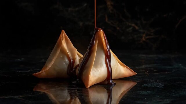 Decadent triangular pastries with rich chocolate syrup pouring onto a dark, reflective surface.