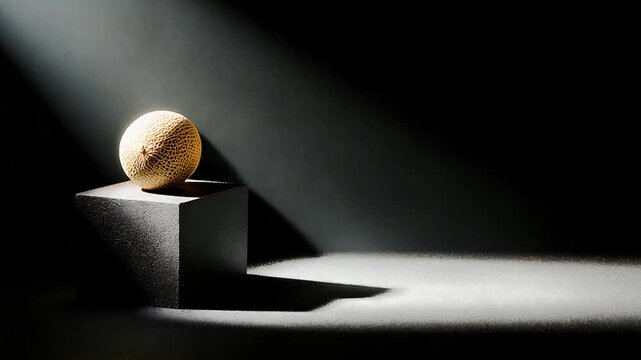 Golden Melon Artfully Placed on Dark Cube Bathed in Dramatic Cinematic Light.